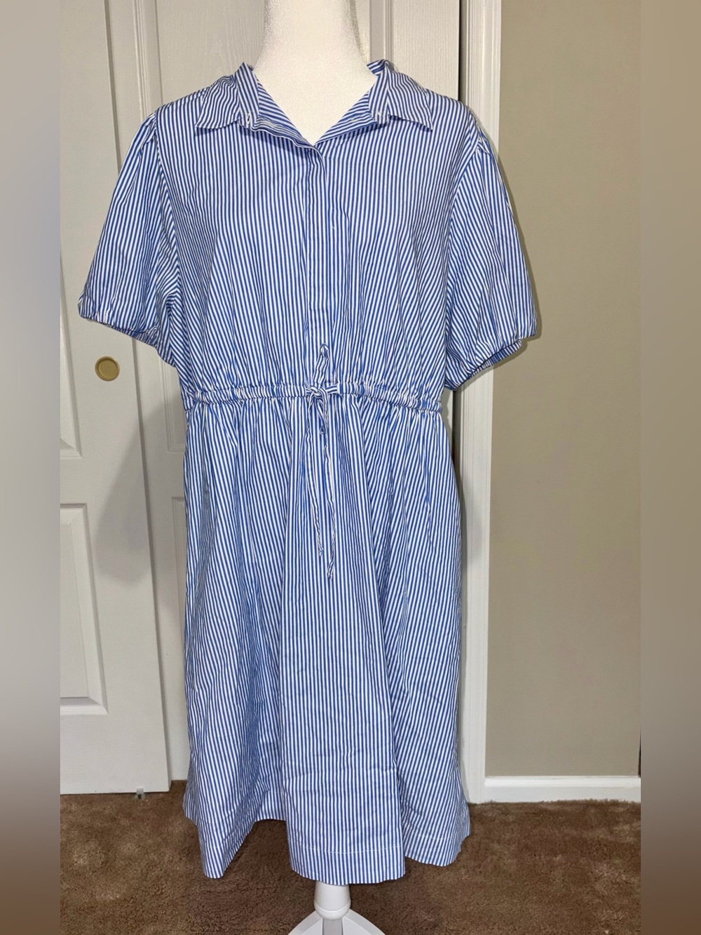J.Crew Coastal Grandmother Striped Puff Sleeve Poplin Midi Shirt Dress sz 18